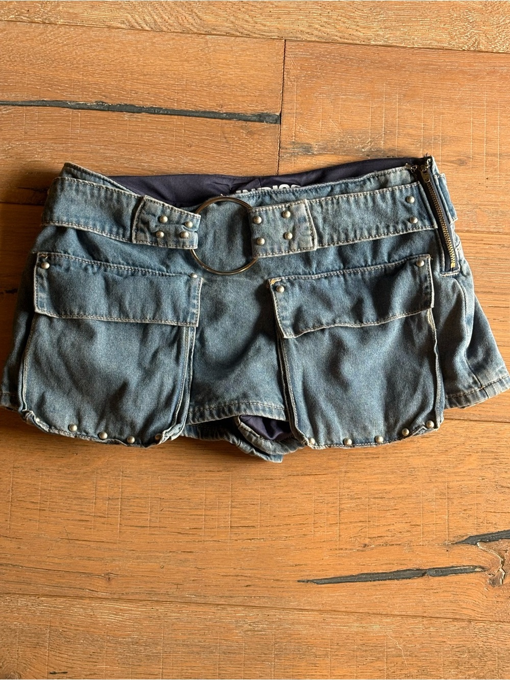 Indigo Rein Micro Mini Statement Jean Skort With Stud & Belt Accents